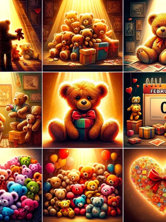 DALL·E 2024-02-10 13.13.35 - A vibrant, heartwarming collection of images depicting the essence of Teddy Day. The sequence includes_ 1. A pile of teddy bears under a soft, glowing
